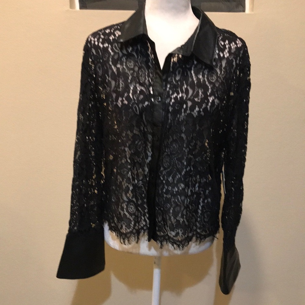 NWT Laundry by Shelli Segal Faux Leather Trim Lace Long Sleeve Button DownTop-L